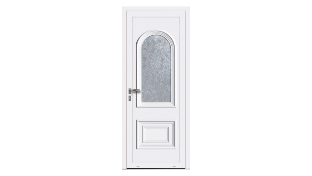 Porte d'entrée PVC parclosé FRESNAY Porte d'entrée blanche avec grande surface vitrée courbée et quelques détails moulurés